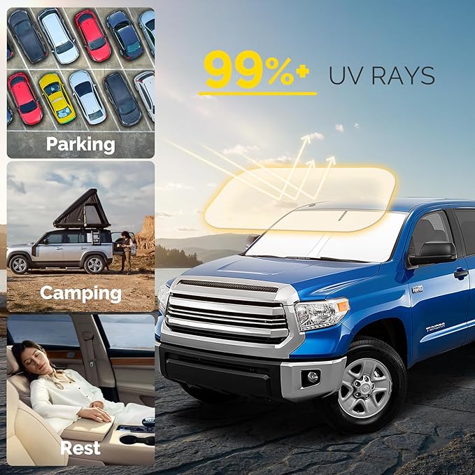 Car Windshield Sun Shade Compatible with 2007-2021 Toyota Tundra Accessories Foldable Front Window Sunshade Custom for Tundra Limited SR5 Platinum TRD Pro Pickup Windshield Cover Sun Visor