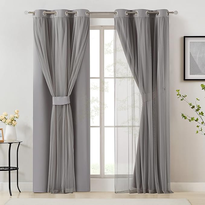 Bujasso Grey 90% Blackout Curtains with Sheer Overlay Mix and Match Double Layer Window Curtains Thermal Insulated 84 inch for Living Room Bedroom Gray Drapes with Tiebacks Grommet Top 54" Wx84 Lx2