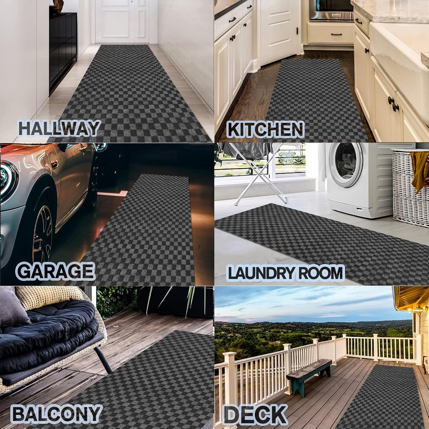 Custom Size Backed Non-Slip Area Rugs Runner, Easy Clean, Waterproof Runner Rugs for Hallway Entryway, Kitchen, Laundry, 2FT x 74FT, Gray Checkered