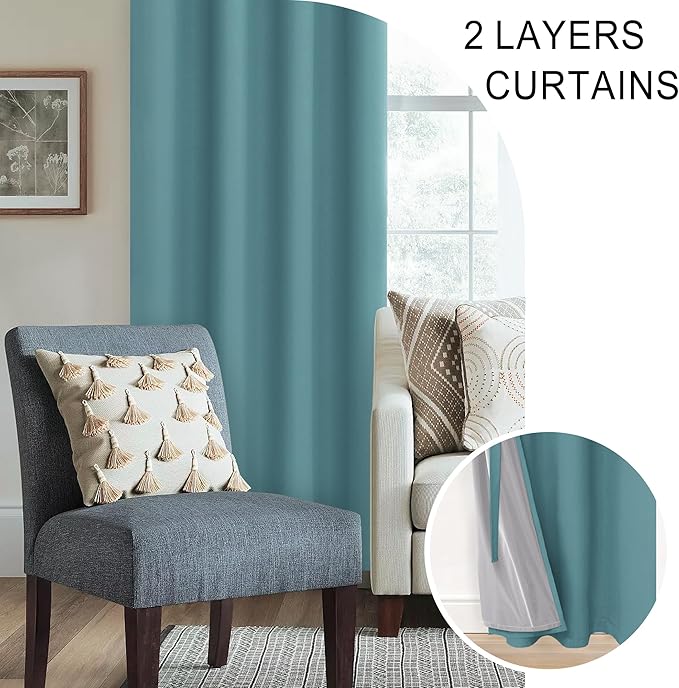 XWZO 100% Blackout Curtains - Thermal Insulated Black Liner Curtains, Noise Reducing and Heat Blocking Drapes for Hall and Studio Windows with Tiebacks, Stone Blue, W52 x L72, Set of 2