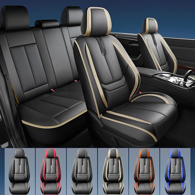 Fit Ioniq Car Seat Covers for Hyundai Ioniq 2017-2024 2025 2026 -Upgraded Premium Waterproof & Breathable Leather,Airbag Compatible,All-Weather Seat Cushion Protector,2 Front/Black-Beige