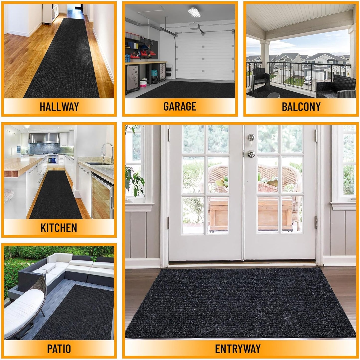 Ottomanson 6'6" x 15' Hallway Runner with Scraper Pile - Extra Durable Non-Slip Rug Mat for Indoor & Outdoor Use - Ideal for Kitchen, Entryway & Garage - High-Traffic Carpet, Black