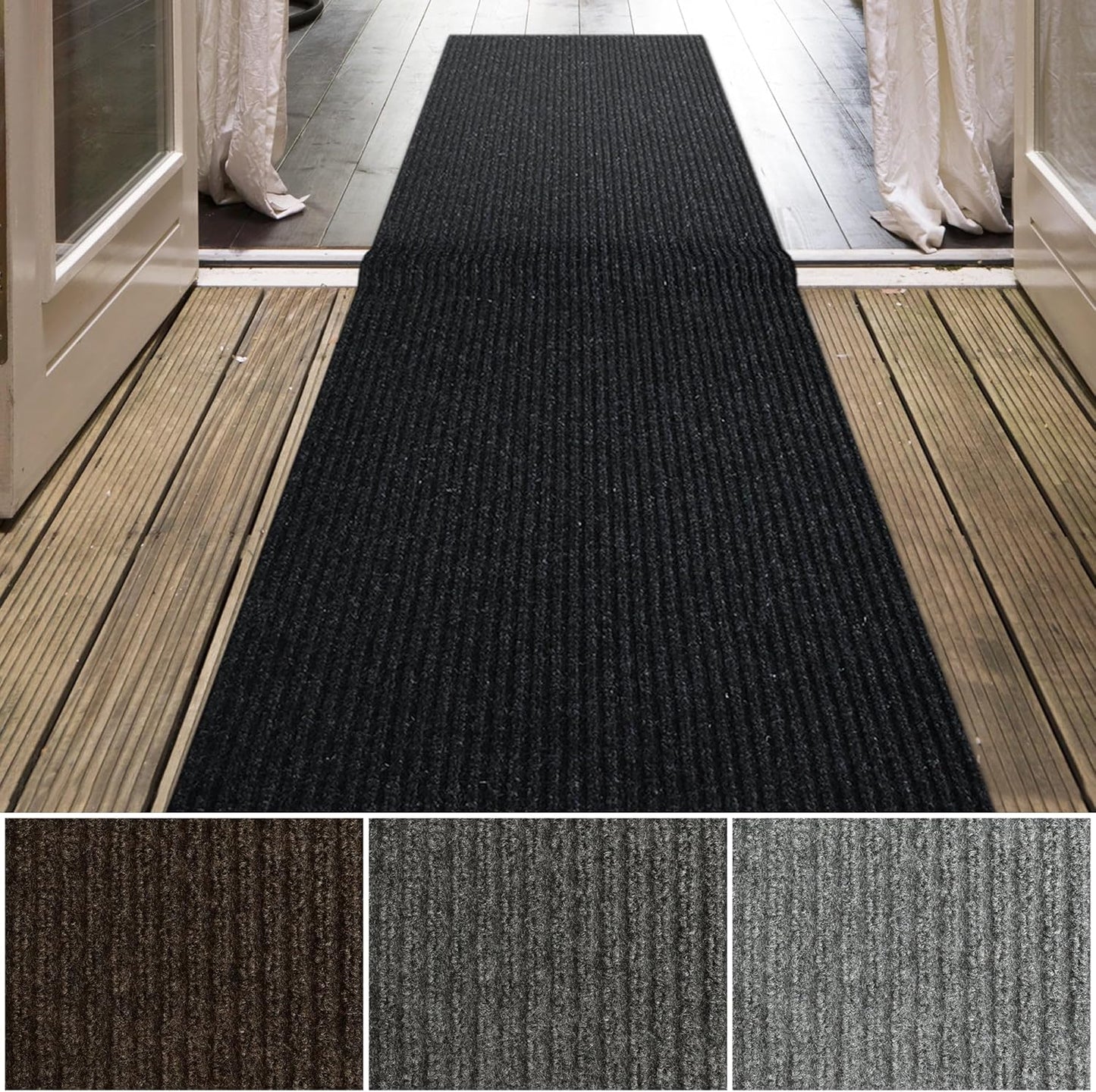 iCustomRug Spartan Weather Warrior Indoor/Outdoor Utility Ribbed Carpet Runner with Non-Slip Thermoplastic Rubber Backing, 28in X 44ft in Black