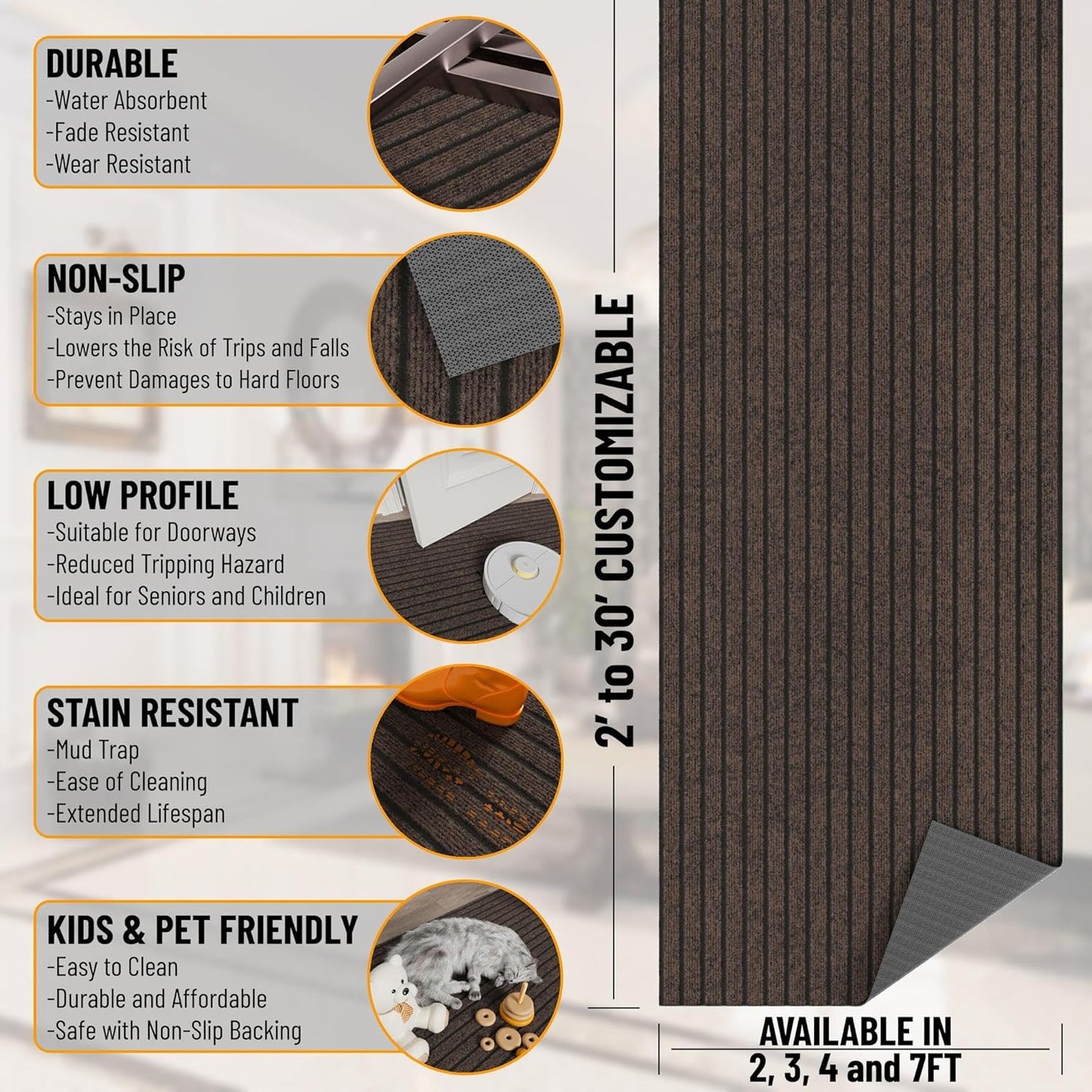 Ottomanson 2'7" x 50' Hallway Runner with Scraper Pile - Extra Durable Non-Slip Rug Mat for Indoor & Outdoor Use - Ideal for Kitchen, Entryway & Garage - High-Traffic Carpet, Brown