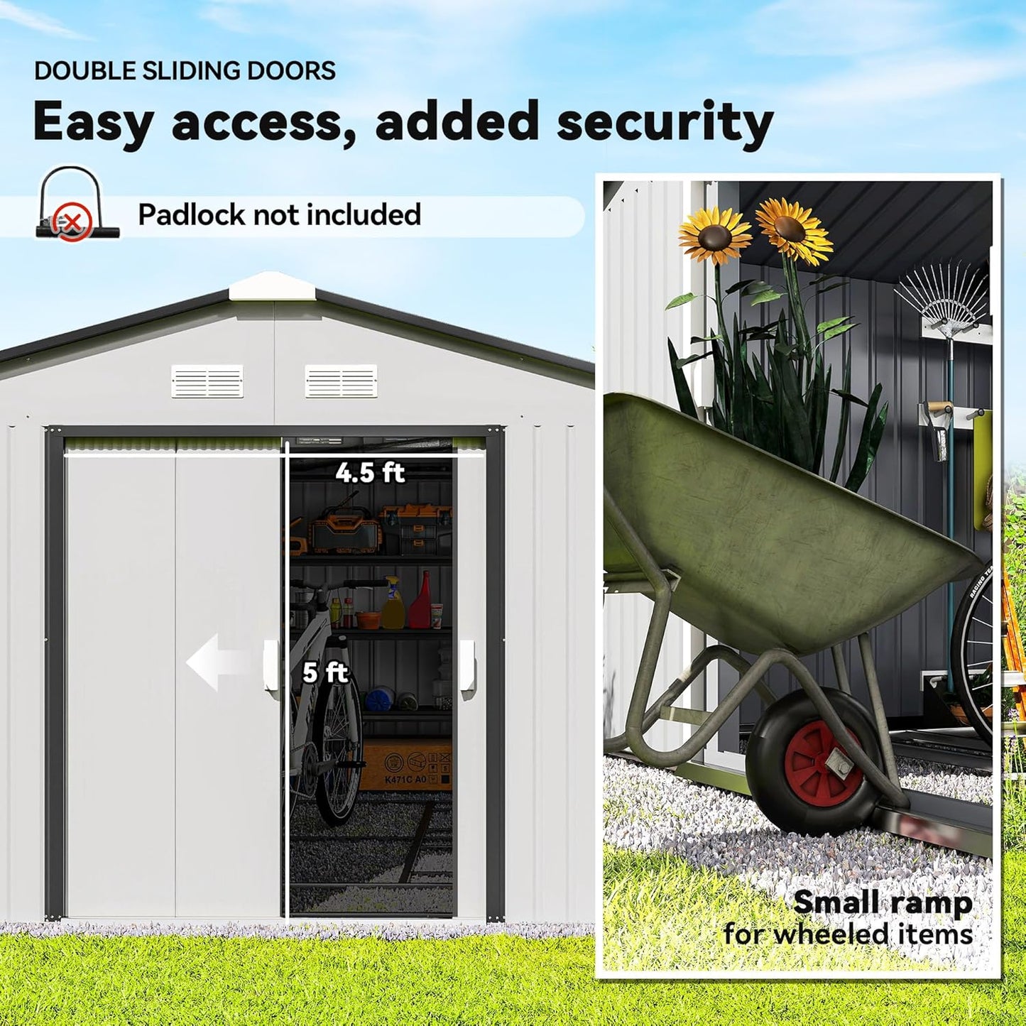 Outsunny 11' x 13' Outdoor Storage Shed, Garden Tool Metal Shed with Foundation Kit, Double Lockable Door, Air Vents and Sloping Roof, for Backyard, Patio, Lawn, White