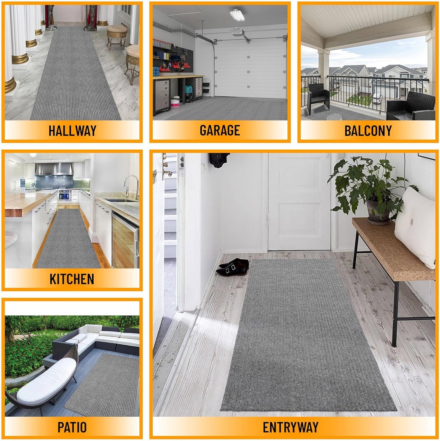 Ottomanson 2' x 18' Hallway Runner with Scraper Pile Extra Durable Non-Slip Rug Mat for Indoor & Outdoor Use - Ideal for Kitchen, Entryway, Patio & Garage - High-Traffic Carpet, Gray