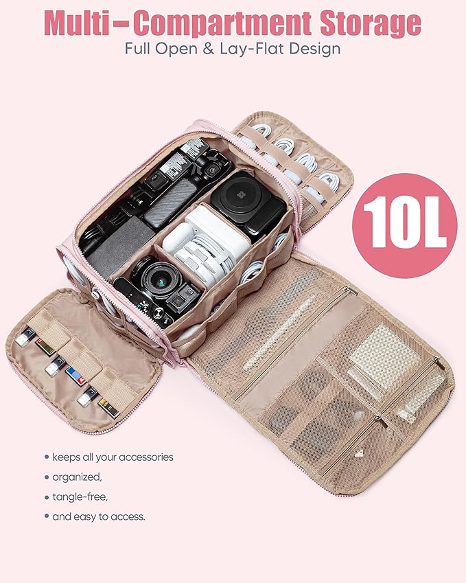 Cable Organizer Bag, Travel Cord & Charger Organizer Pouch for Tech Accessories & Electronics, Home Storage, Pink