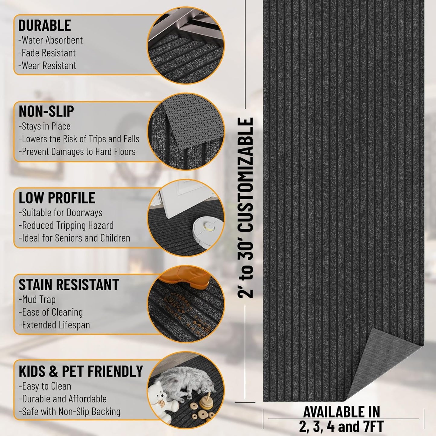 Ottomanson 2' x 32' Hallway Runner with Scraper Pile Extra Durable Non-Slip Rug Mat for Indoor & Outdoor Use - Ideal for Kitchen, Entryway, Patio & Garage - High-Traffic Carpet, Black