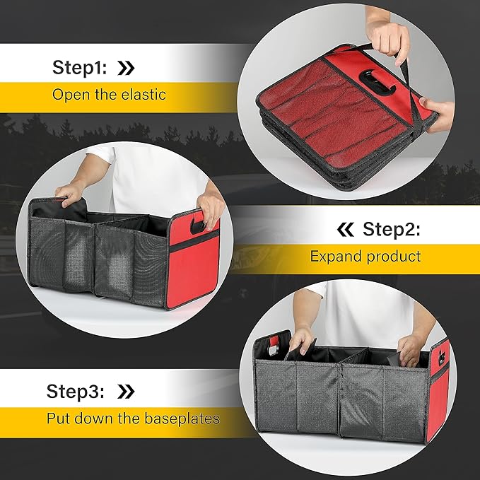 YSSOA 2 Compartments Car Trunk Organizer, 600D Waterproof Oxford Polyester Car Storage, Anti-slip 14" D x 22" W x 12" H Collapsible Trunk Storage, Suitable for SUV, Minivan, Truck, Red