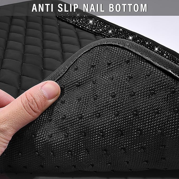 CAR PASS Bling Leather Car Mats Shining Diamond Floor Mats Sparkly Glitter Crystal Rhinestones Carpet Anti-Slip Waterproof Pad Universal Fit for Automotive SUV, Sedan, Van, 5pcs for Girl Women Black