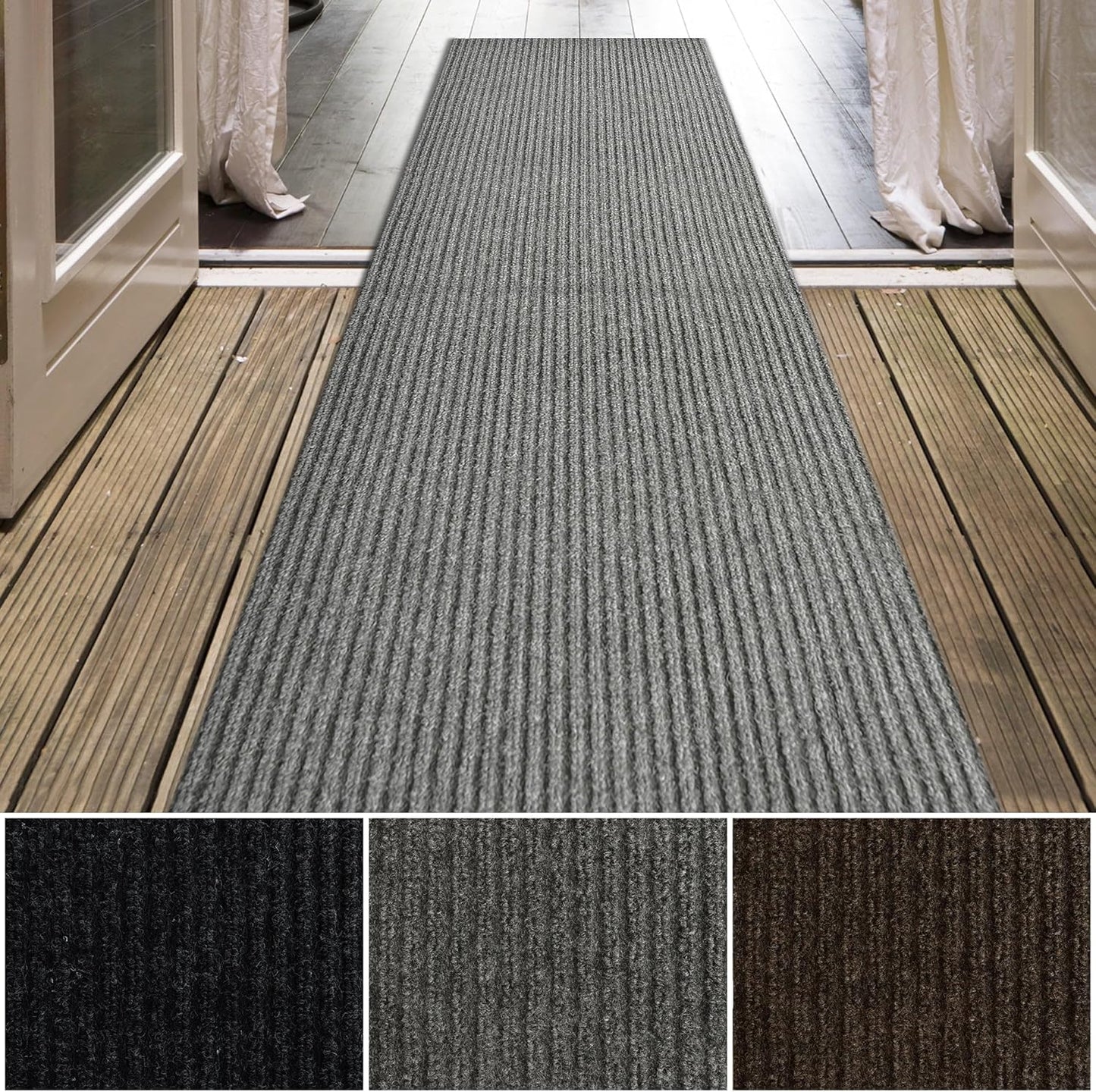iCustomRug Spartan Weather Warrior Indoor/Outdoor Utility Ribbed Carpet Runner with Non-Slip Thermoplastic Rubber Backing, 3ft X 42ft in Grey