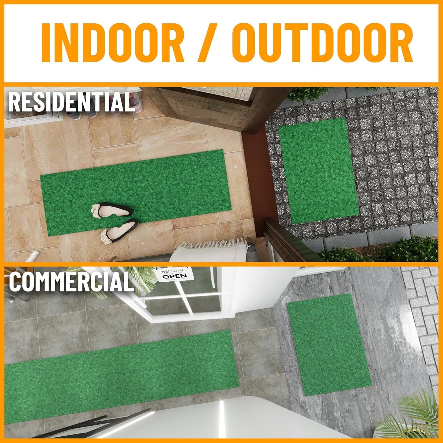 Ottomanson 2' x 8' Hallway Runner with Scraper Pile Extra Durable Non-Slip Rug Mat for Indoor & Outdoor Use - Ideal for Kitchen, Entryway, Patio & Garage - High-Traffic Carpet, Green