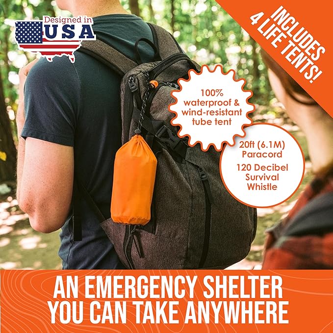 Go Time Gear Survival Life Tent • 2 Person Mylar Emergency Shelter Tube Tent + Paracord • All-Weather Protection for Camping, Hiking, & Survival Kits • Includes Emergency Whistle