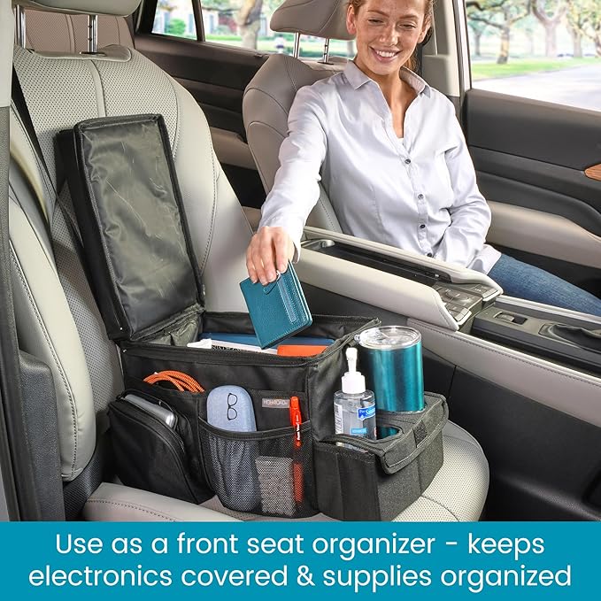 High Road CarHop Backseat Organizer for Kids and Passenger Seat Organizer for Adults - Car Seat Cooler with Cup Holders and Convertible Tray Lid