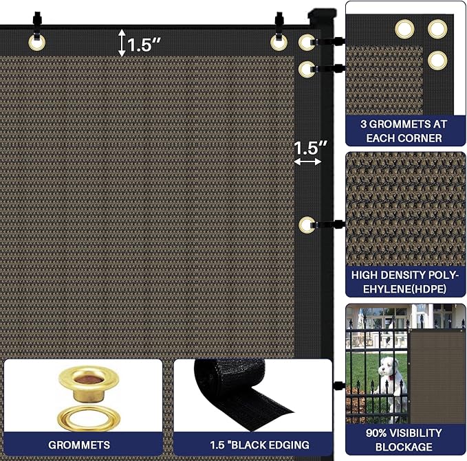 Windscreen4less Privacy Fence Screen Heavy Duty Windscreen Fencing Mesh Fabric Shade Net Cover with Brass Grommtes for Outdoor Wall Garden Yard Pool Deck, 8'x250' Brown