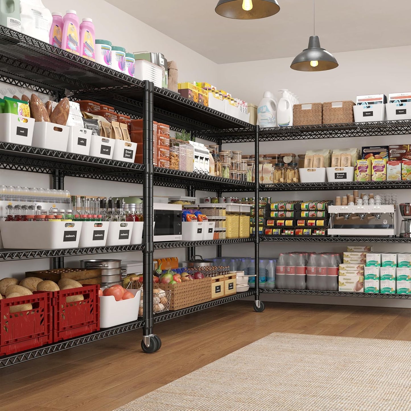 REIBII 60''W Storage Shelves 2399LBS Metal Shelving Unit with Wheels & Feet, 4 Tier Garage Shelving Heavy Duty Adjustable Wire Shelf for Pantry Kitchen Garage, 60" W x 18" D x 65.5" H, 2 Pack