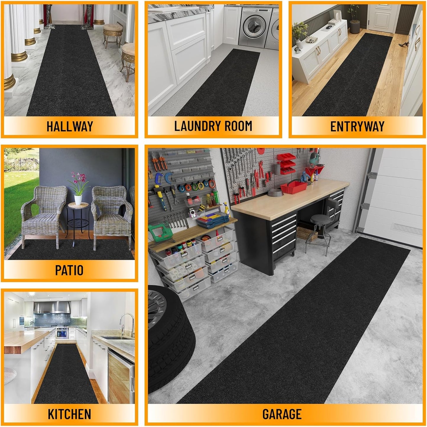 Ottomanson 2' x 15' Hallway Runner with Scraper Pile Extra Durable Non-Slip Rug Mat for Indoor & Outdoor Use - Ideal for Kitchen, Entryway, Patio & Garage - High-Traffic Carpet, Black