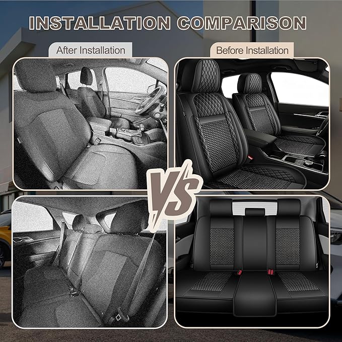 TTX LIGHTING for Ford Taurus 2002-2019 Car Seat Covers, Breathable Ice Silk & Leather Seat Protector, Cool & Anti-Sweat for Long Driving, Airbag Compatible, 5 Seats Full Set (Black)