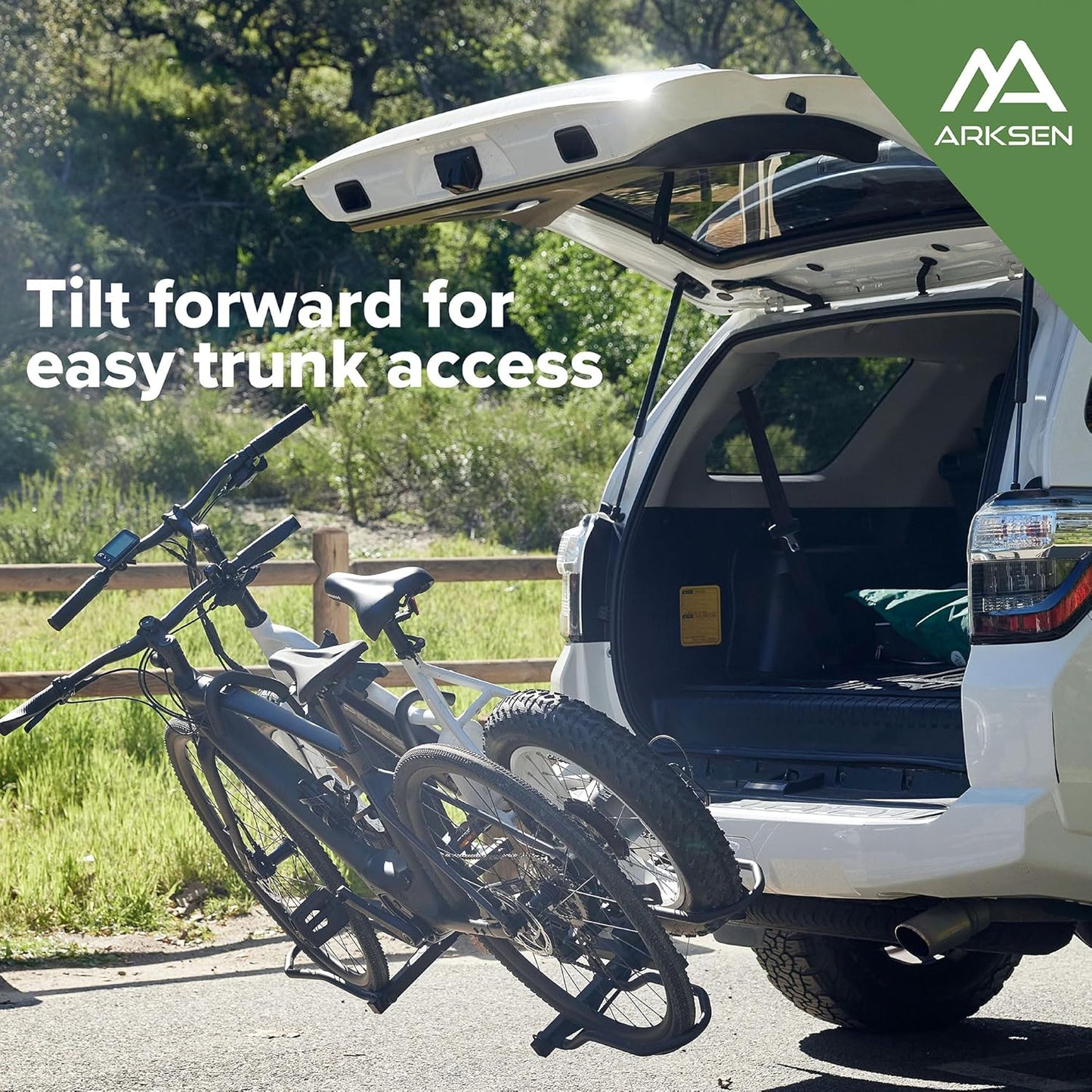 Arksen Hitch Mounted Bike Rack Smart Tilting 2-Bike Platform Style 150 lbs Capacity Carrier for Standard, Fat Tire and Electric Bicycle Fits SUV Pickup Truck RV Camper - 2 inch Receiver