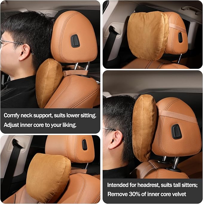 2pcs Car Neck Pillow for headrests,Support Drive Seats Head Cushion Pillows,Superfiber Suede,Plant-Based Polyester,Thickness & Height Adjustable,11.8x7.5,Inner Liner fillable(Orange Brown)