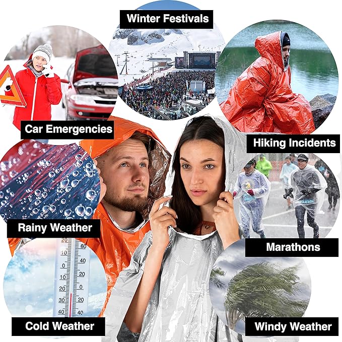 aZengear Emergency Survival Poncho (4pc) Thermal Mylar Foil Blanket for Heat Retention and Rain | Reversible with Hood | Waterproof, Windproof, Portable, Hands-Free, Outdoor Kit (Orange)