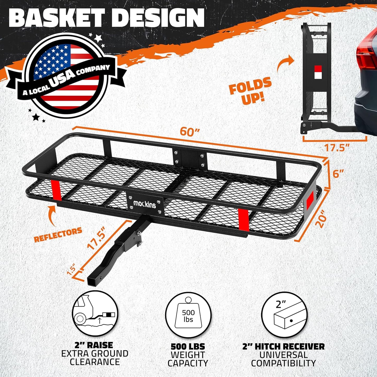 Mockins 60"x20"x6" Trailer Hitch Cargo Carrier | Weatherproof Steel Folding Luggage Rack for Car, SUV & Truck w/ 500 lbs. Capacity | 2" Receiver Hitch Rack Luggage Carrier & Cargo Trailer Accessories