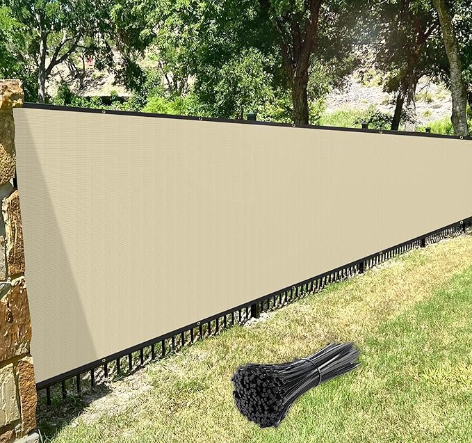 Windscreen4less Privacy Fence Screen Heavy Duty Windscreen Fencing Mesh Fabric Shade Net Cover with Brass Grommtes for Outdoor Wall Garden Yard Pool Deck, 8'x49' Beige